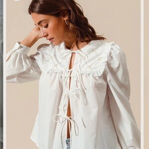 So Me The Charming Blouse Tie Front Pearl Detail Size Small White Boho